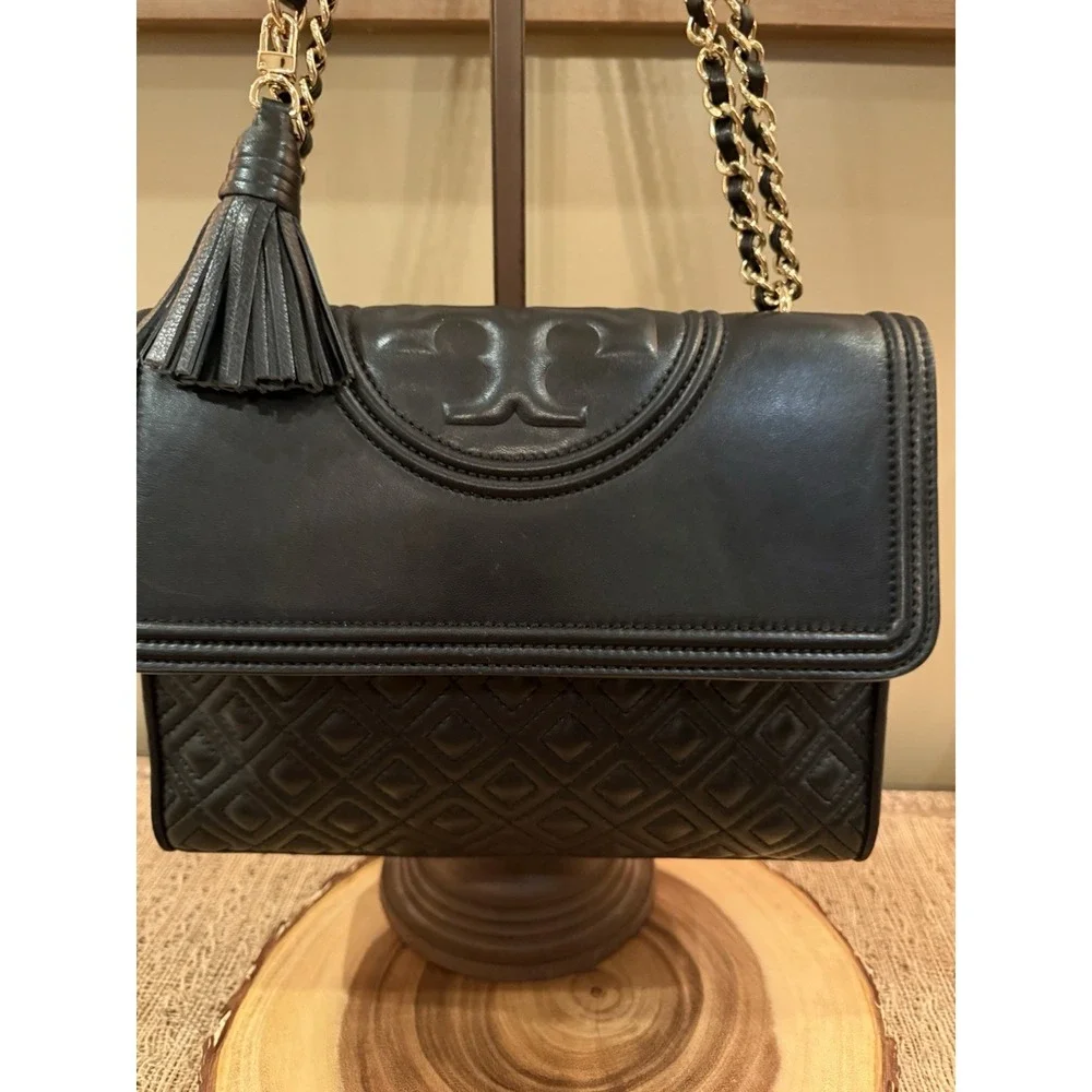 Tory Burch Fleming Black Leather Convertible Shoulder‎ Bag Quilted Tassel Large